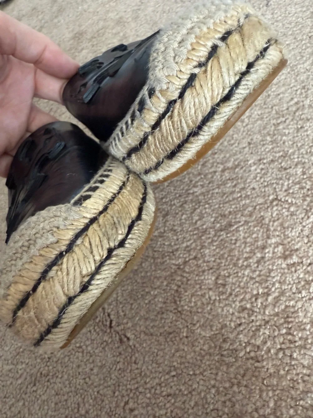 Tory Burch Ines Platform Black Leather Espadrille Flat